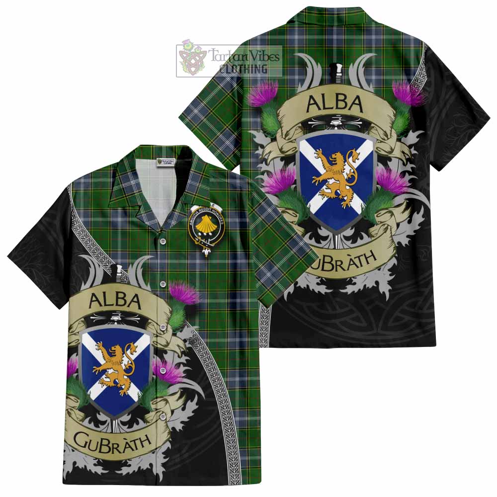 Tartan Vibes Clothing Pringle Tartan Family Crest Short Sleeve Button Shirt Lion Rampant Royal Thistle Shield Celtic Inspired