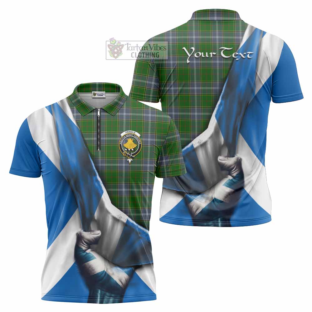 Tartan Vibes Clothing Pringle Tartan Zipper Polo Shirt with Family Crest Scotland Patriotic Style