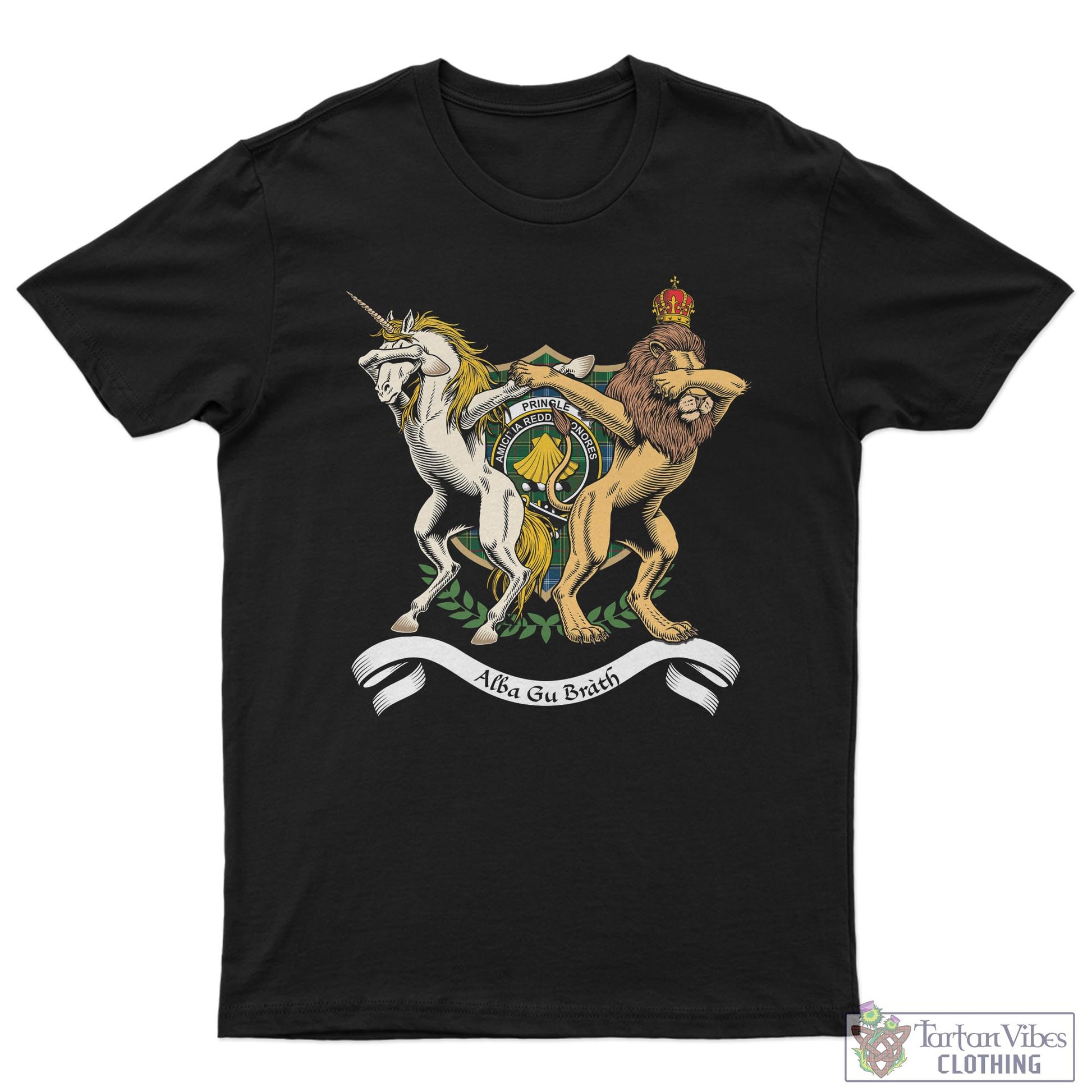 Tartan Vibes Clothing Pringle Family Crest Cotton Men's T-Shirt with Scotland Royal Coat Of Arm Funny Style