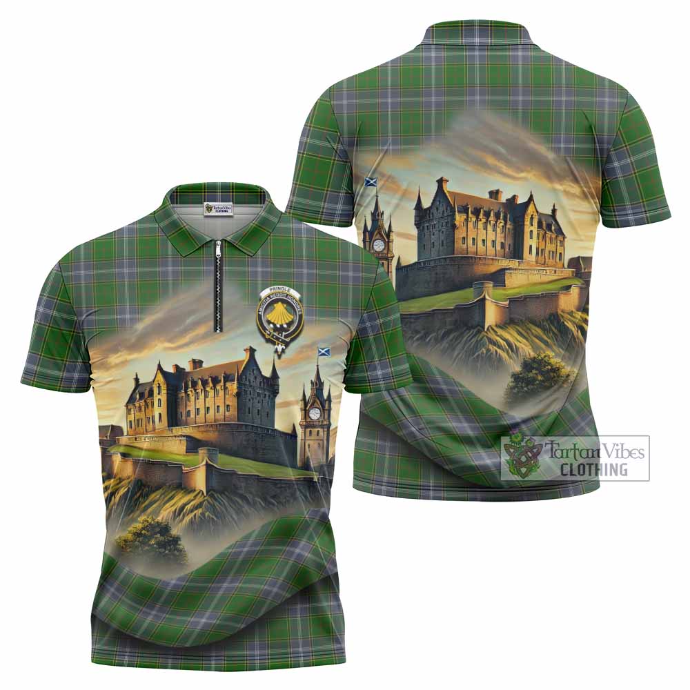 Tartan Vibes Clothing Pringle Tartan Family Crest Zipper Polo Shirt with Scottish Ancient Castle Stype