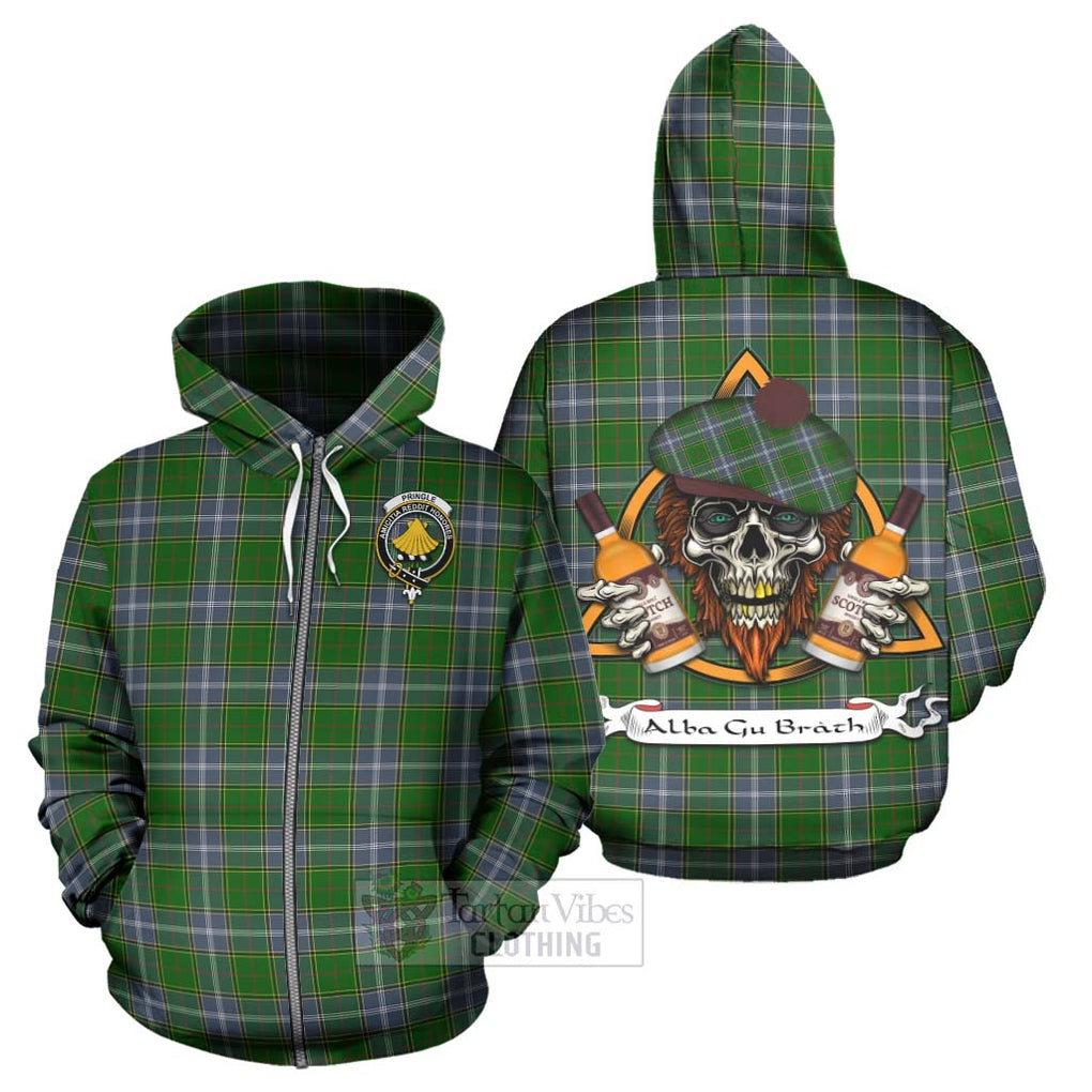 Tartan Vibes Clothing Pringle Tartan Hoodie with Family Crest and Bearded Skull Holding Bottles of Whiskey