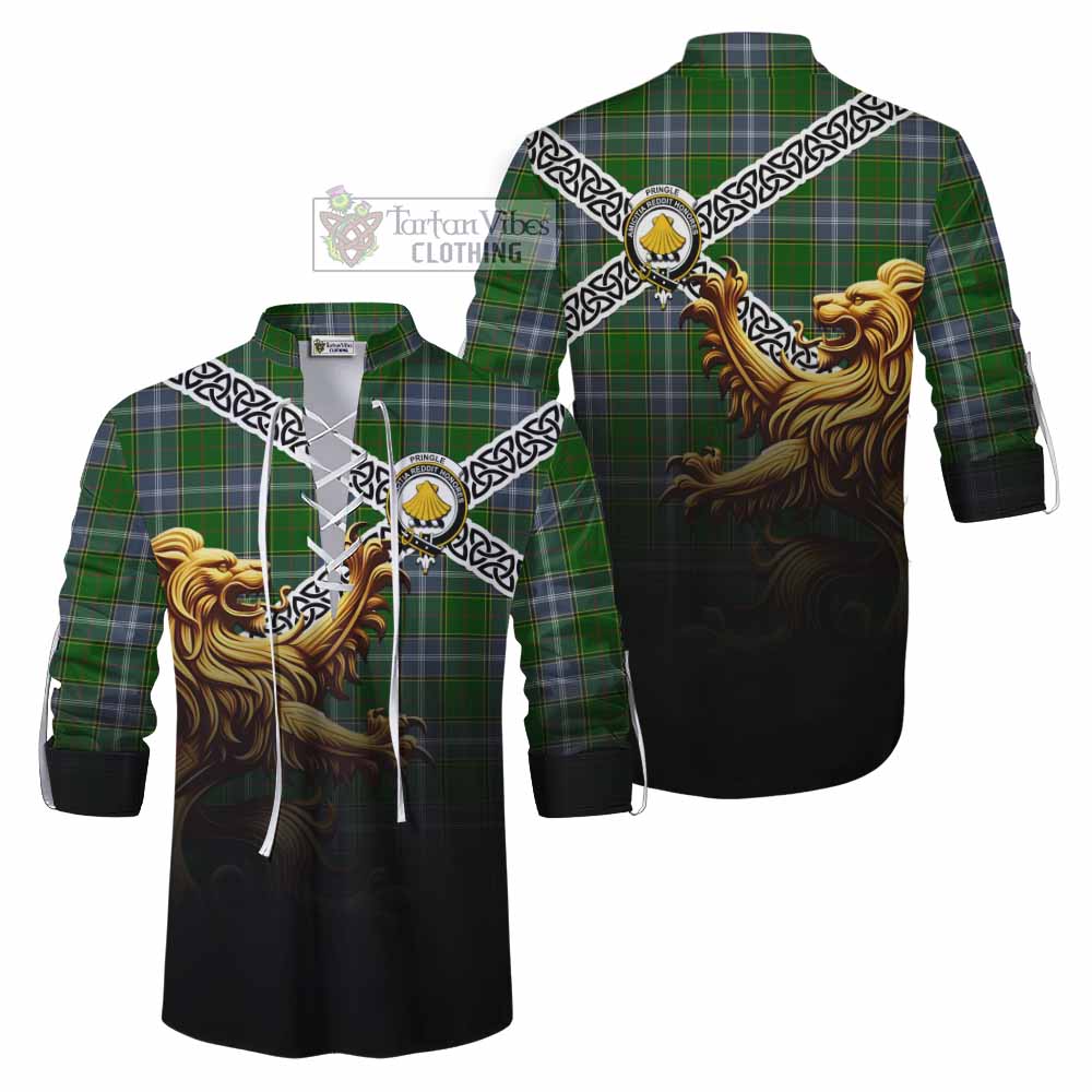 Tartan Vibes Clothing Pringle Crest Tartan Ghillie Kilt Shirt with Golden Lion Emblem Celtic Style