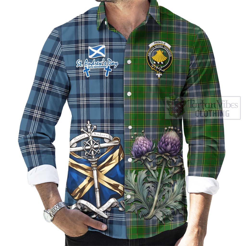 Tartan Vibes Clothing Pringle Tartan Long Sleeve Button Shirt Happy St. Andrew's Day Half Tartan Style