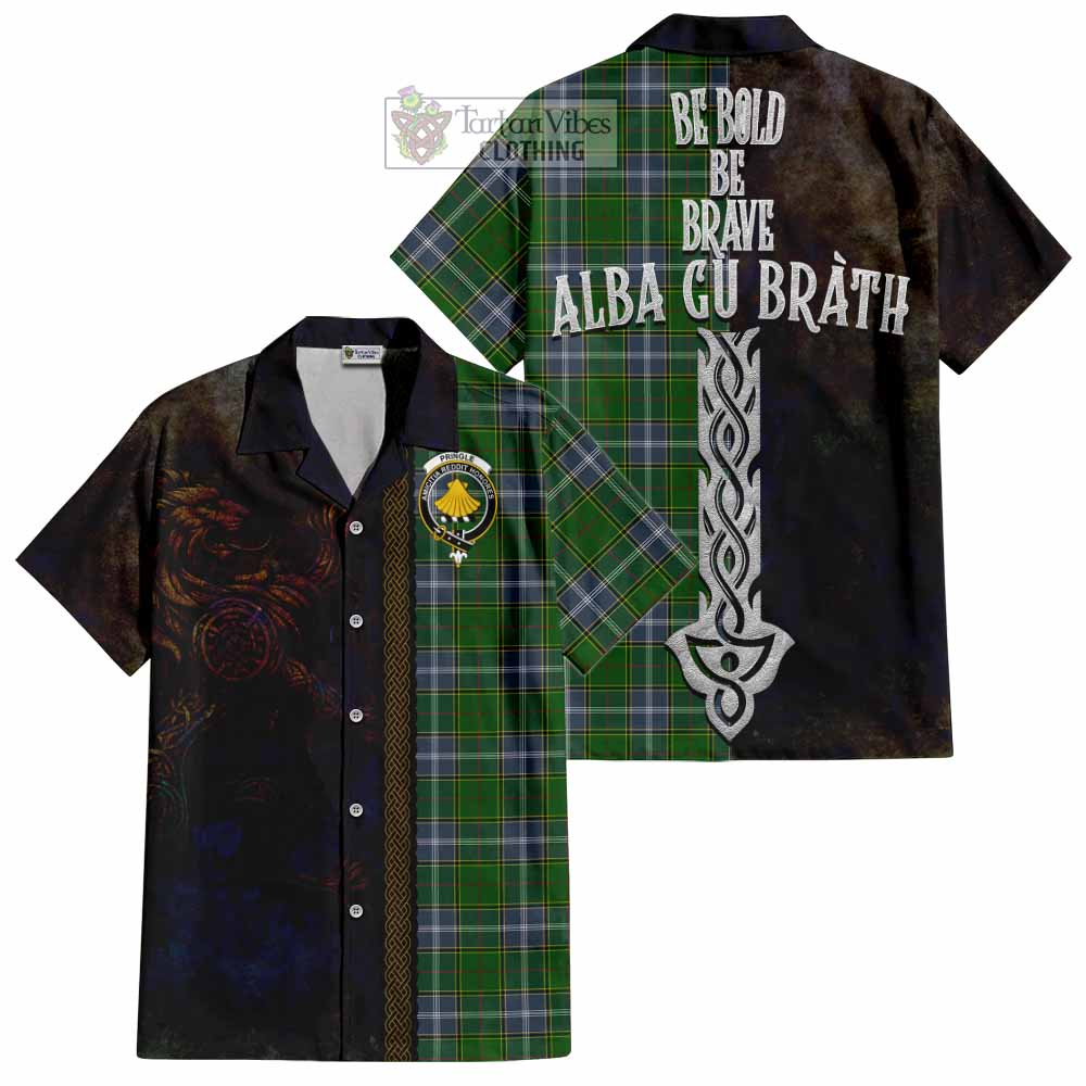 Tartan Vibes Clothing Pringle Tartan Family Crest Short Sleeve Button Shirt Alba Gu Brath Be Brave Lion Ancient Style