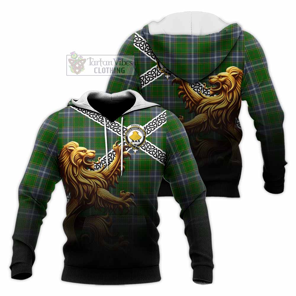Tartan Vibes Clothing Pringle Crest Tartan Knitted Hoodie with Golden Lion Emblem Celtic Style