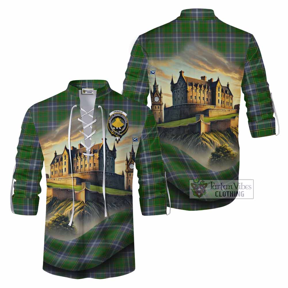 Tartan Vibes Clothing Pringle Tartan Family Crest Ghillie Kilt Shirt with Scottish Ancient Castle Style