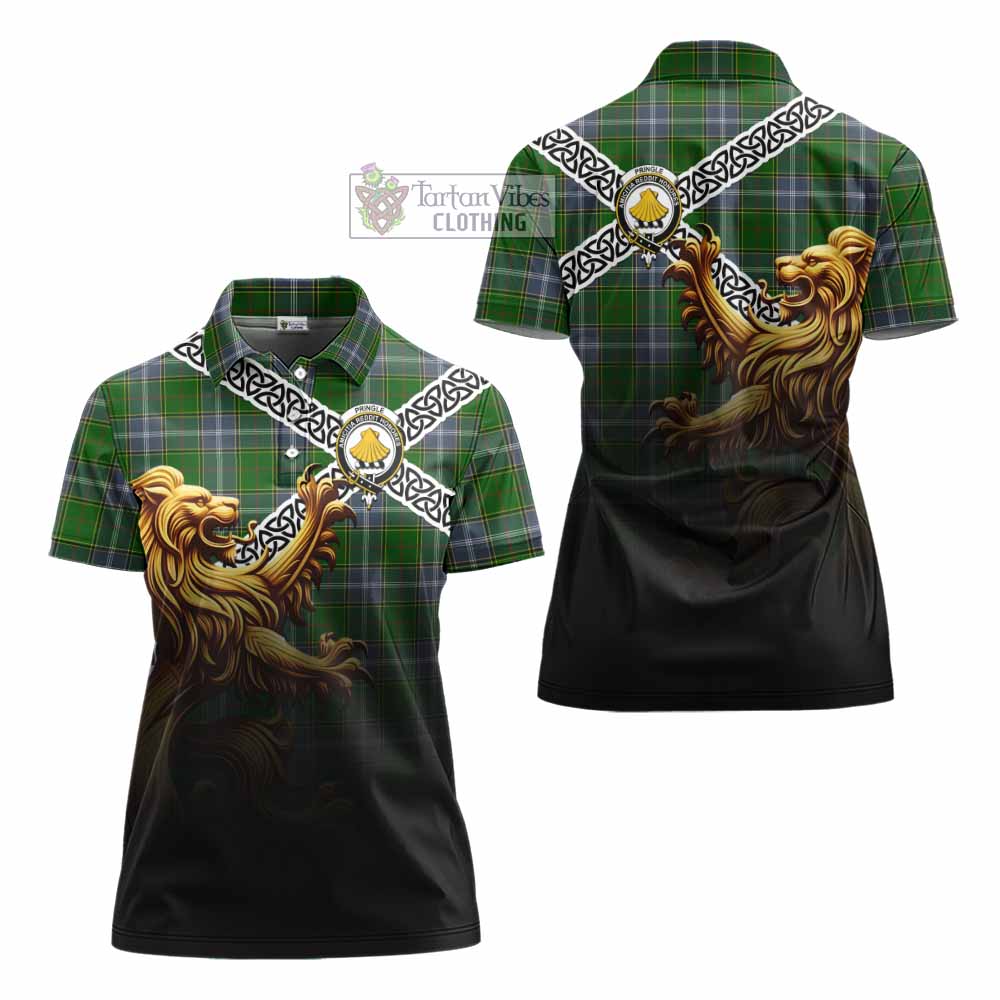 Tartan Vibes Clothing Pringle Crest Tartan Women's Polo Shirt with Golden Lion Emblem Celtic Style