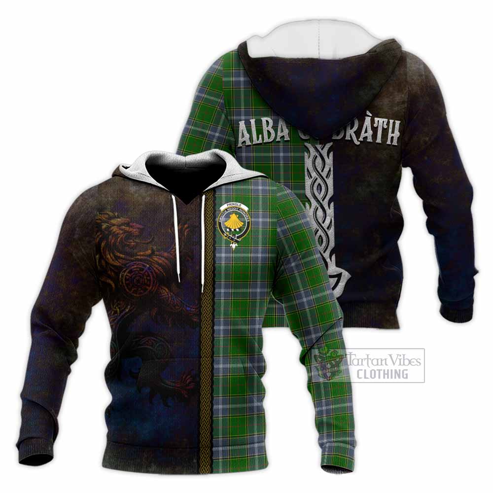 Tartan Vibes Clothing Pringle Tartan Family Crest Knitted Hoodie Alba Gu Brath Be Brave Lion Ancient Style