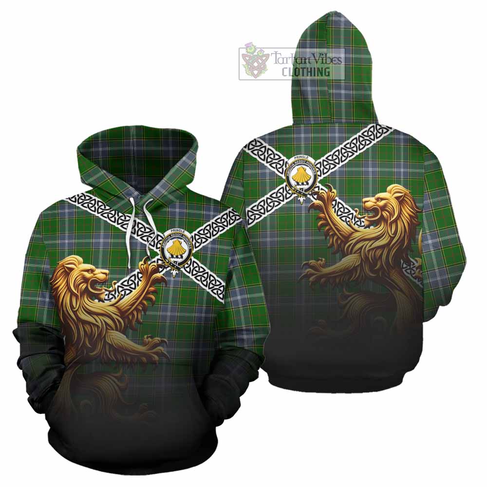 Tartan Vibes Clothing Pringle Crest Tartan Hoodie with Golden Lion Emblem Celtic Style