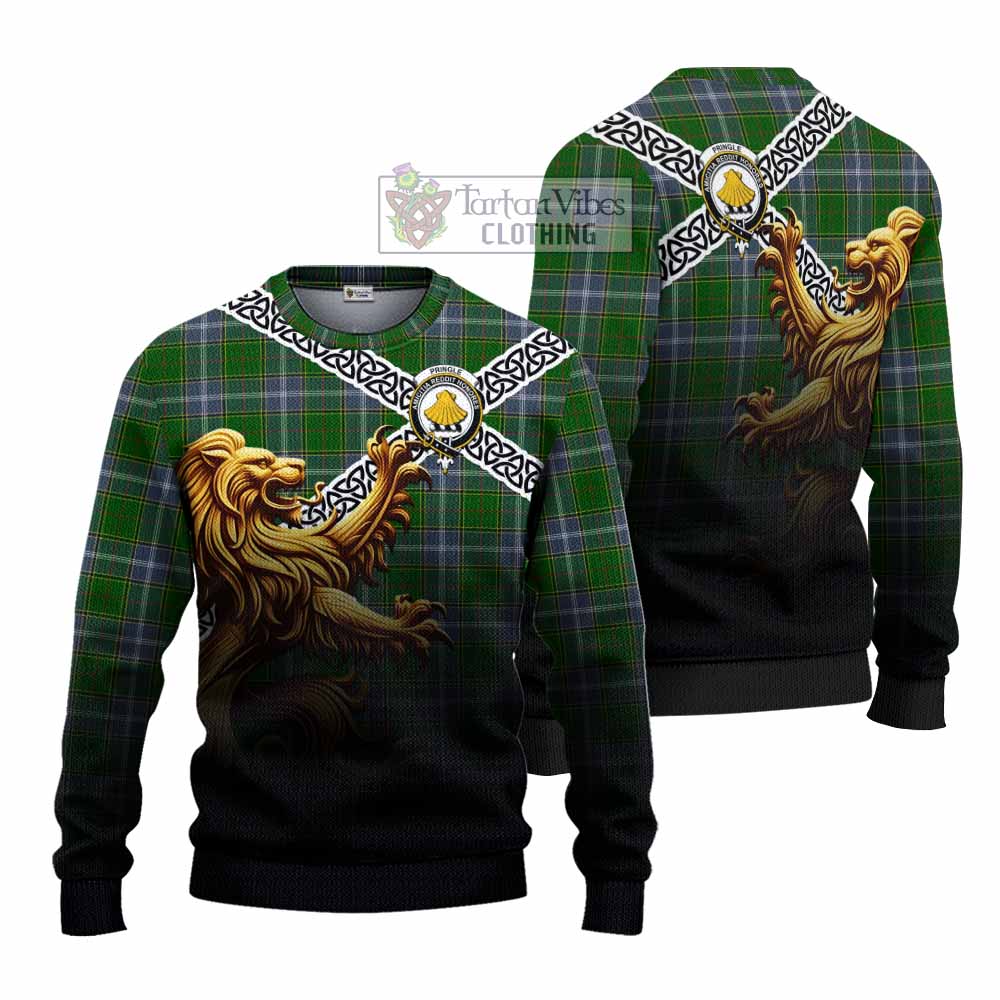 Tartan Vibes Clothing Pringle Crest Tartan Knitted Sweater with Golden Lion Emblem Celtic Style