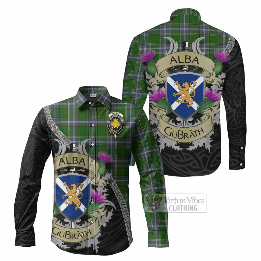 Tartan Vibes Clothing Pringle Tartan Family Crest Long Sleeve Button Shirt Lion Rampant Royal Thistle Shield Celtic Inspired