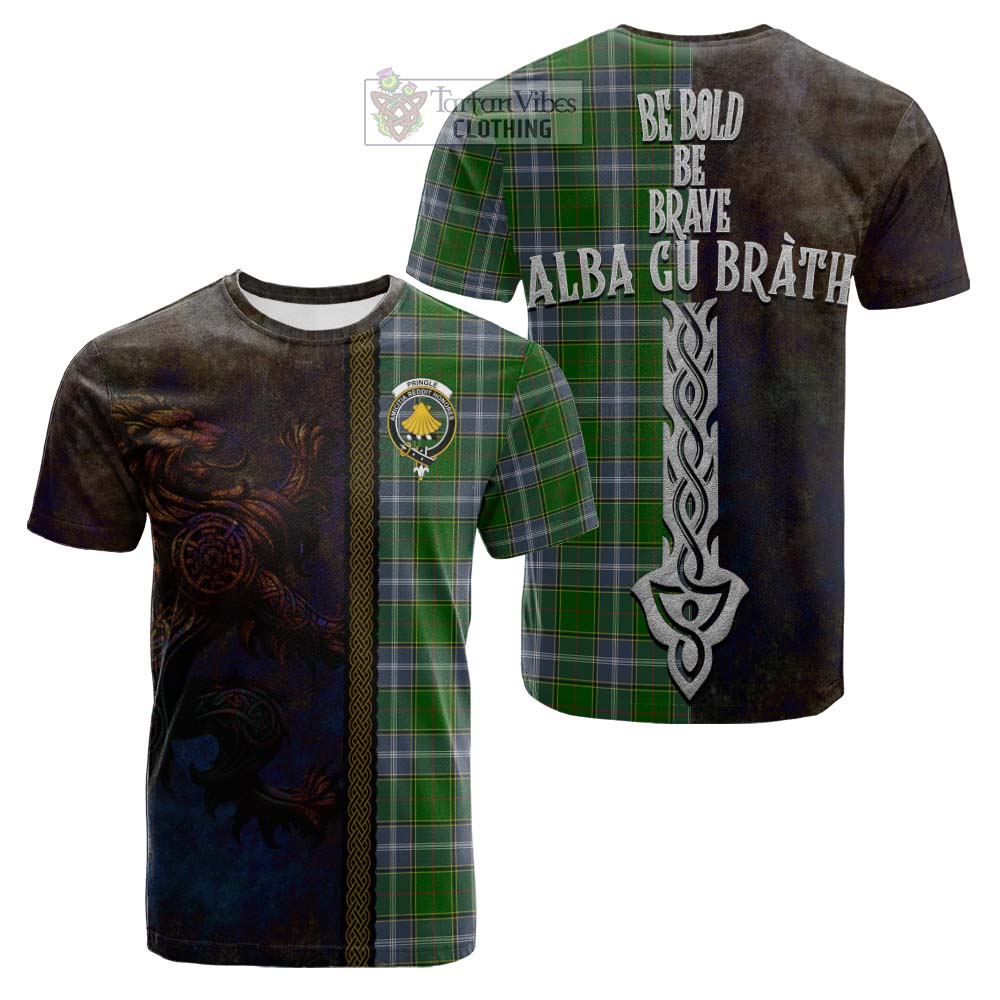 Tartan Vibes Clothing Pringle Tartan Family Crest Cotton T-shirt Alba Gu Brath Be Brave Lion Ancient Style