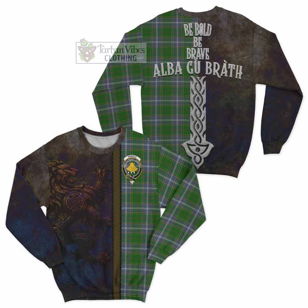 Tartan Vibes Clothing Pringle Tartan Family Crest Sweatshirt Alba Gu Brath Be Brave Lion Ancient Style
