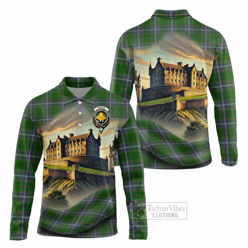 Tartan Vibes Clothing Pringle Tartan Family Crest Long Sleeve Polo Shirt with Scottish Ancient Castle Style
