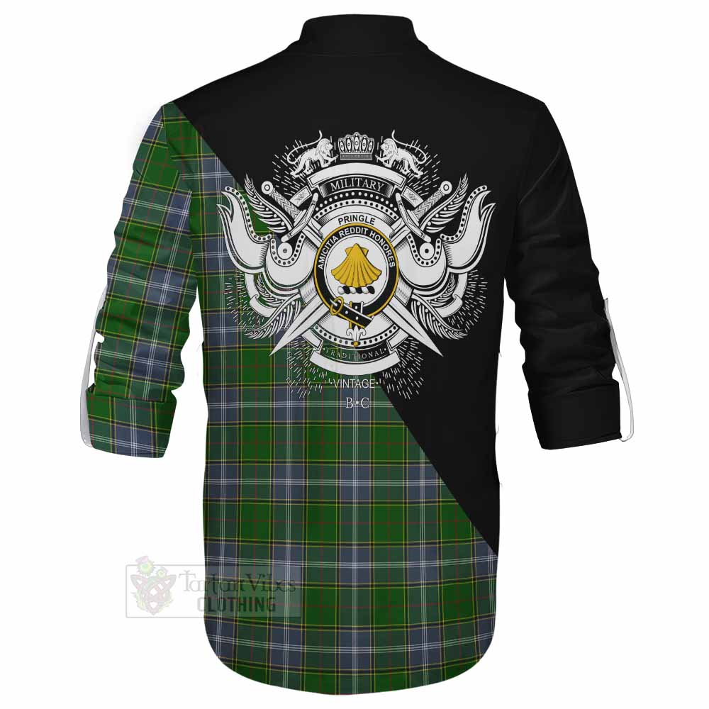 Tartan Vibes Clothing Pringle Tartan Ghillie Kilt Shirt with Family Crest and Military Logo Style