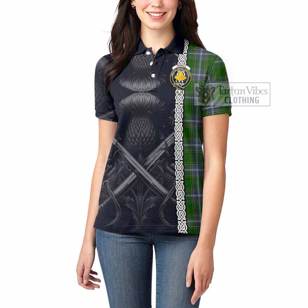 Tartan Vibes Clothing Pringle Tartan Women's Polo Shirt with Family Crest Cross Sword Thistle Celtic Vibes