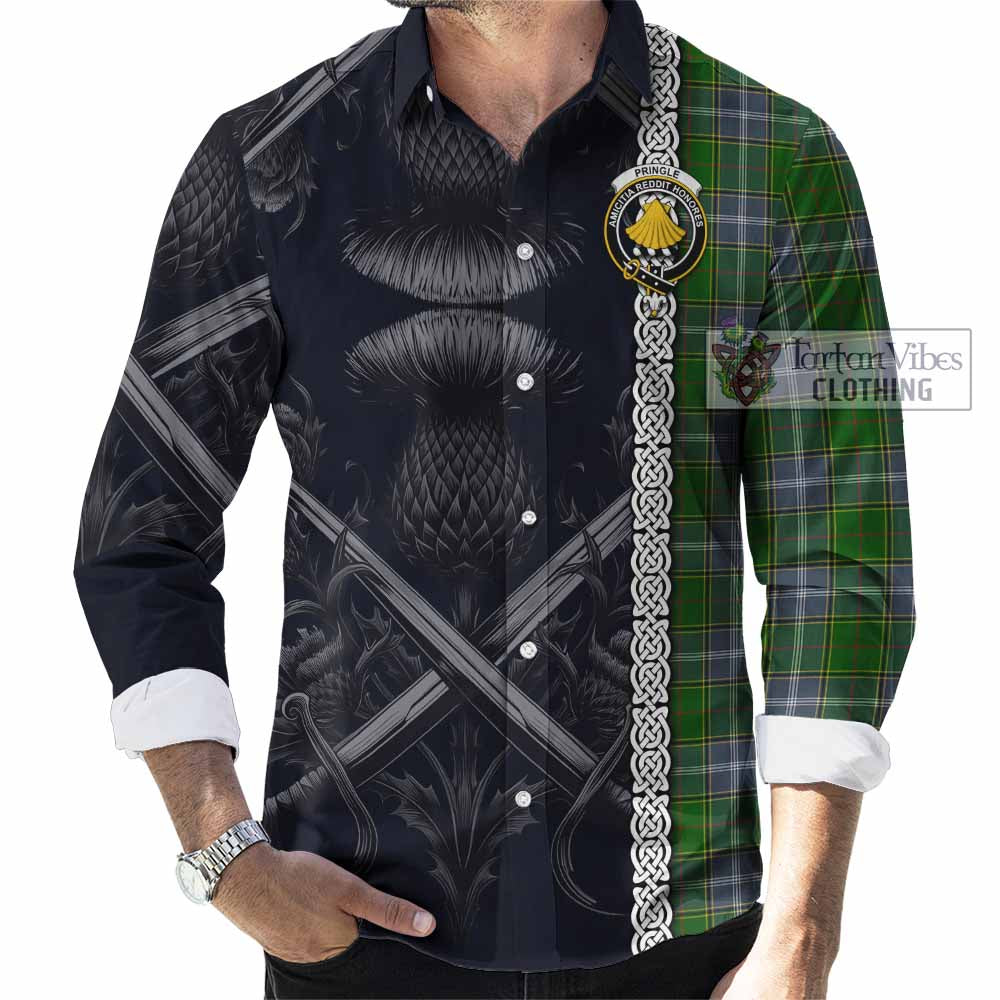 Tartan Vibes Clothing Pringle Tartan Long Sleeve Button Shirt with Family Crest Cross Sword Thistle Celtic Vibes