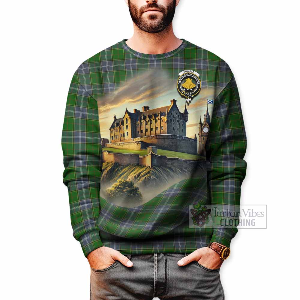 Tartan Vibes Clothing Pringle Tartan Family Crest Sweatshirt with Scottish Ancient Castle Style