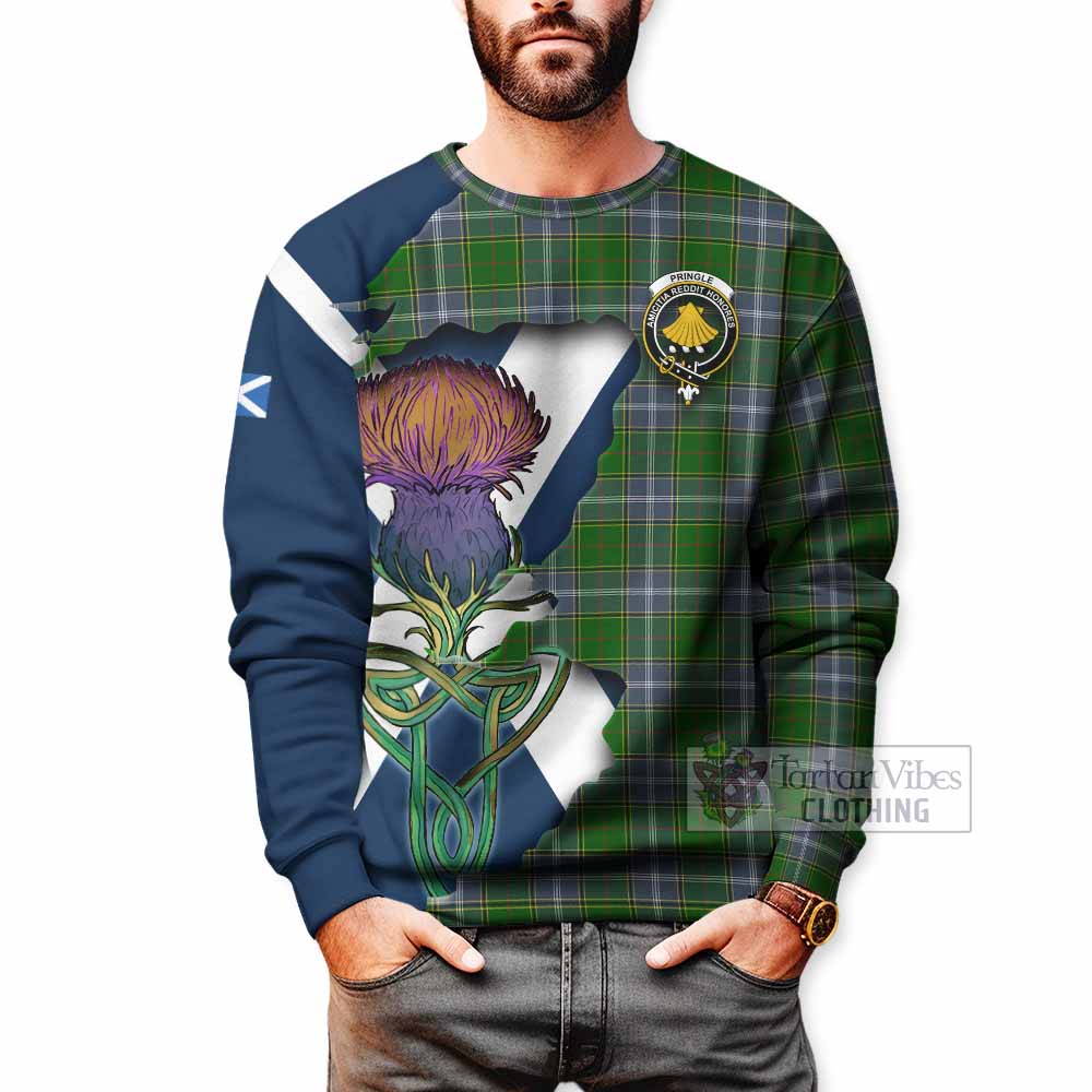 Tartan Vibes Clothing Pringle Tartan Family Crest Sweatshirt Scottish Thistle Celtic Inspired