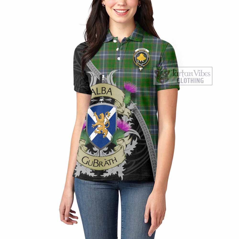 Tartan Vibes Clothing Pringle Tartan Family Crest Women's Polo Shirt Lion Rampant Royal Thistle Shield Celtic Inspired