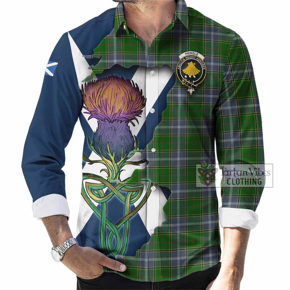 Tartan Vibes Clothing Pringle Tartan Family Crest Long Sleeve Button Shirt Scottish Thistle Celtic Inspired