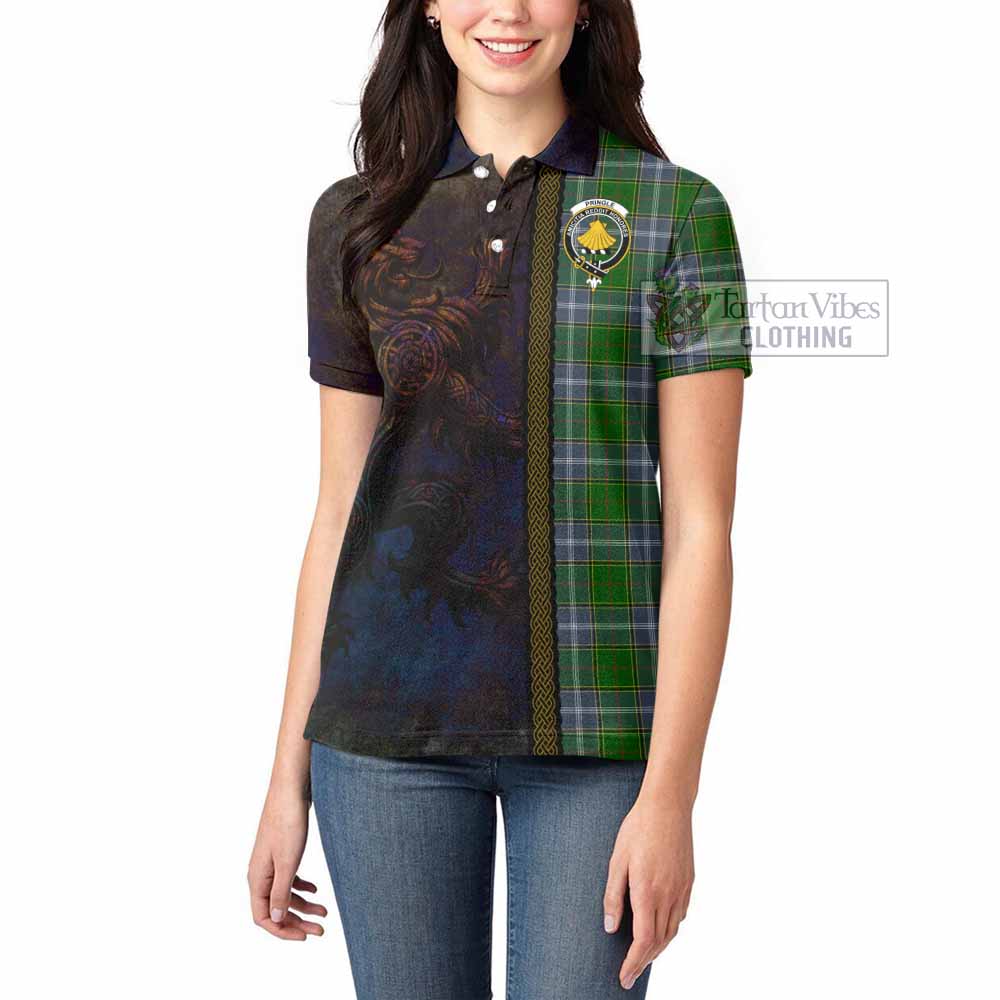 Tartan Vibes Clothing Pringle Tartan Family Crest Women's Polo Shirt Alba Gu Brath Be Brave Lion Ancient Style