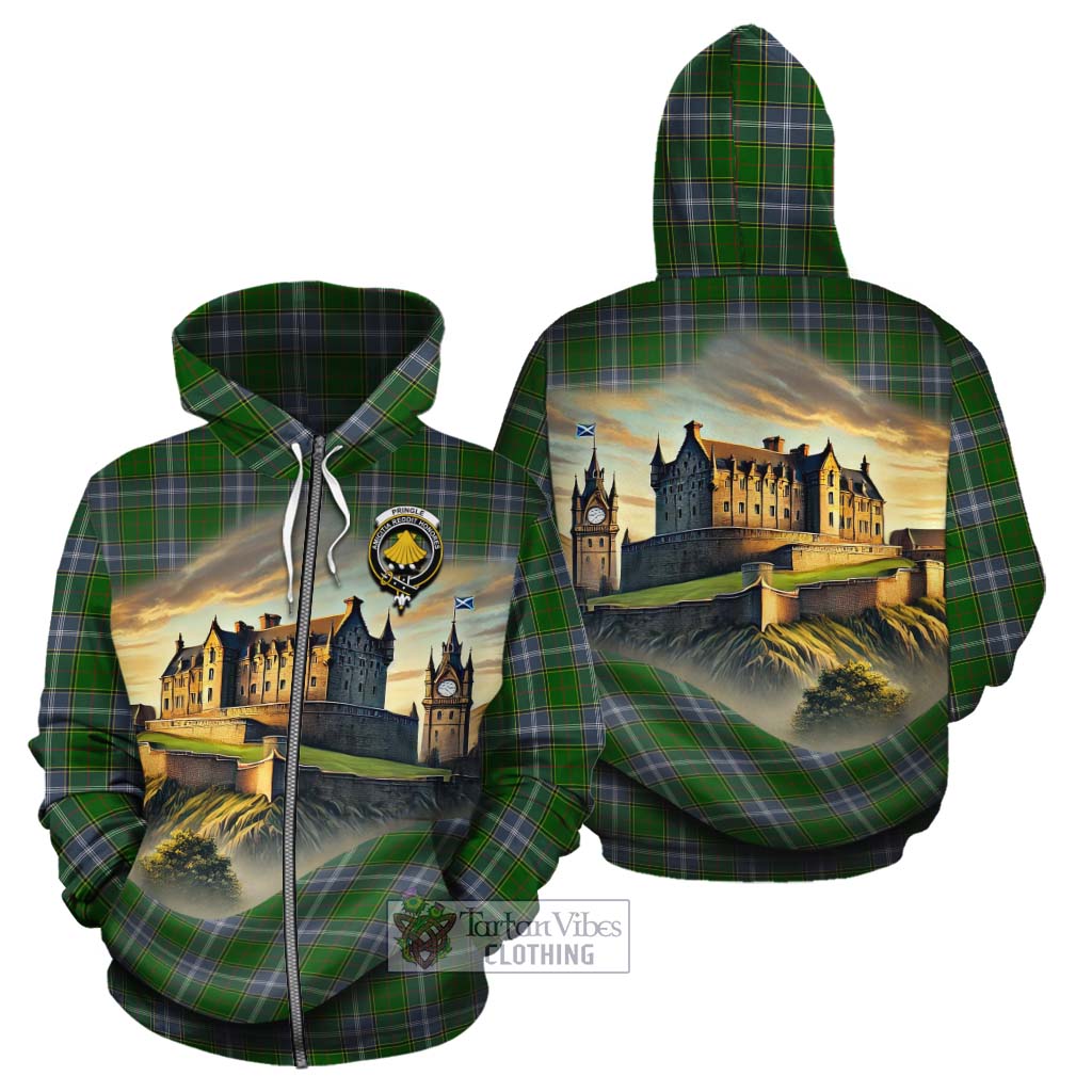 Tartan Vibes Clothing Pringle Tartan Family Crest Cotton Hoodie with Scottish Ancient Castle Style