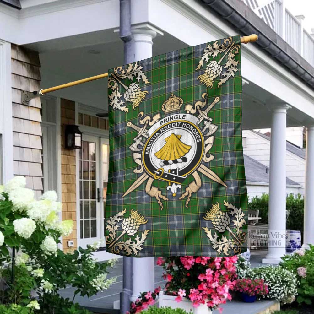 Tartan Vibes Clothing Pringle Tartan Flag with Family Crest and Golden Thistle Crossed Sword Design
