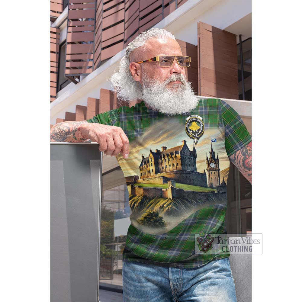 Tartan Vibes Clothing Pringle Tartan Family Crest Cotton T-shirt with Scottish Ancient Castle Style