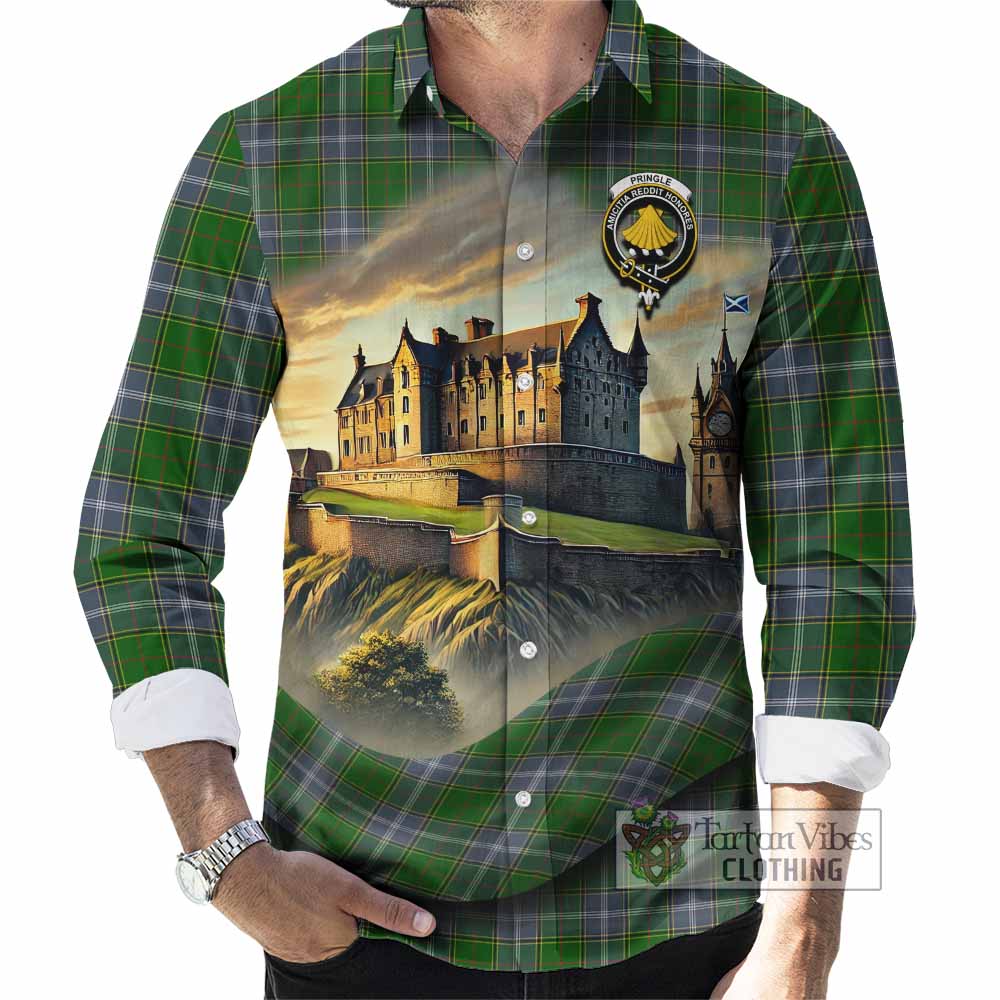 Tartan Vibes Clothing Pringle Tartan Family Crest Long Sleeve Button Shirt with Scottish Ancient Castle Style