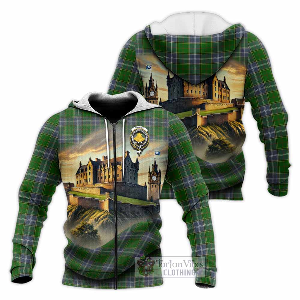 Tartan Vibes Clothing Pringle Tartan Family Crest Knitted Hoodie with Scottish Ancient Castle Style