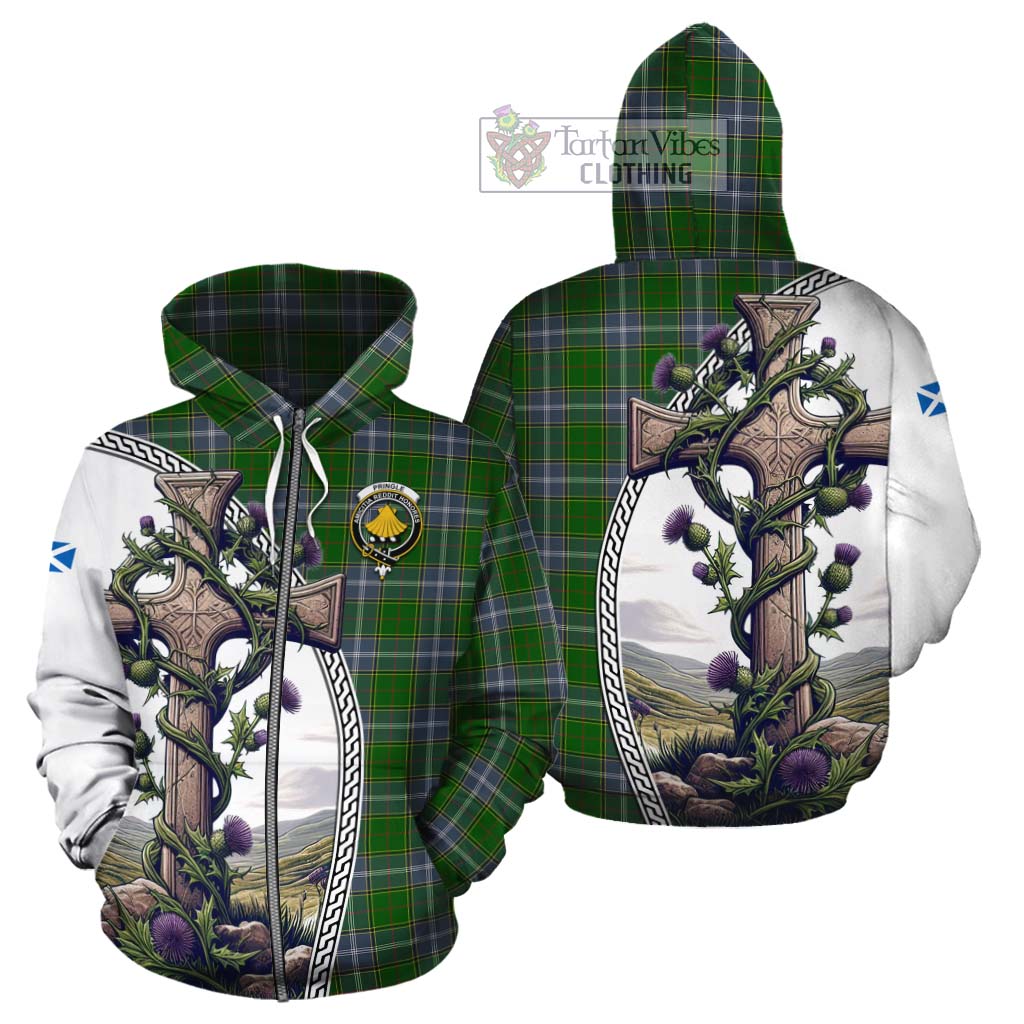 Tartan Vibes Clothing Pringle Tartan Cotton Hoodie with Family Crest and St. Andrew's Cross Accented by Thistle Vines