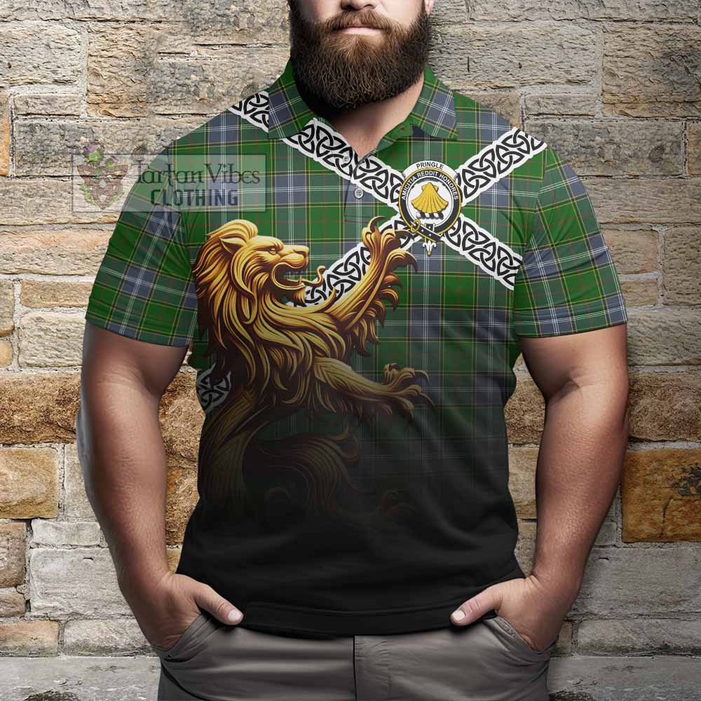 Tartan Vibes Clothing Pringle Crest Tartan Polo Shirt with Golden Lion Emblem Celtic Style