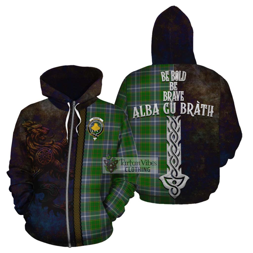 Tartan Vibes Clothing Pringle Tartan Family Crest Cotton Hoodie Alba Gu Brath Be Brave Lion Ancient Style