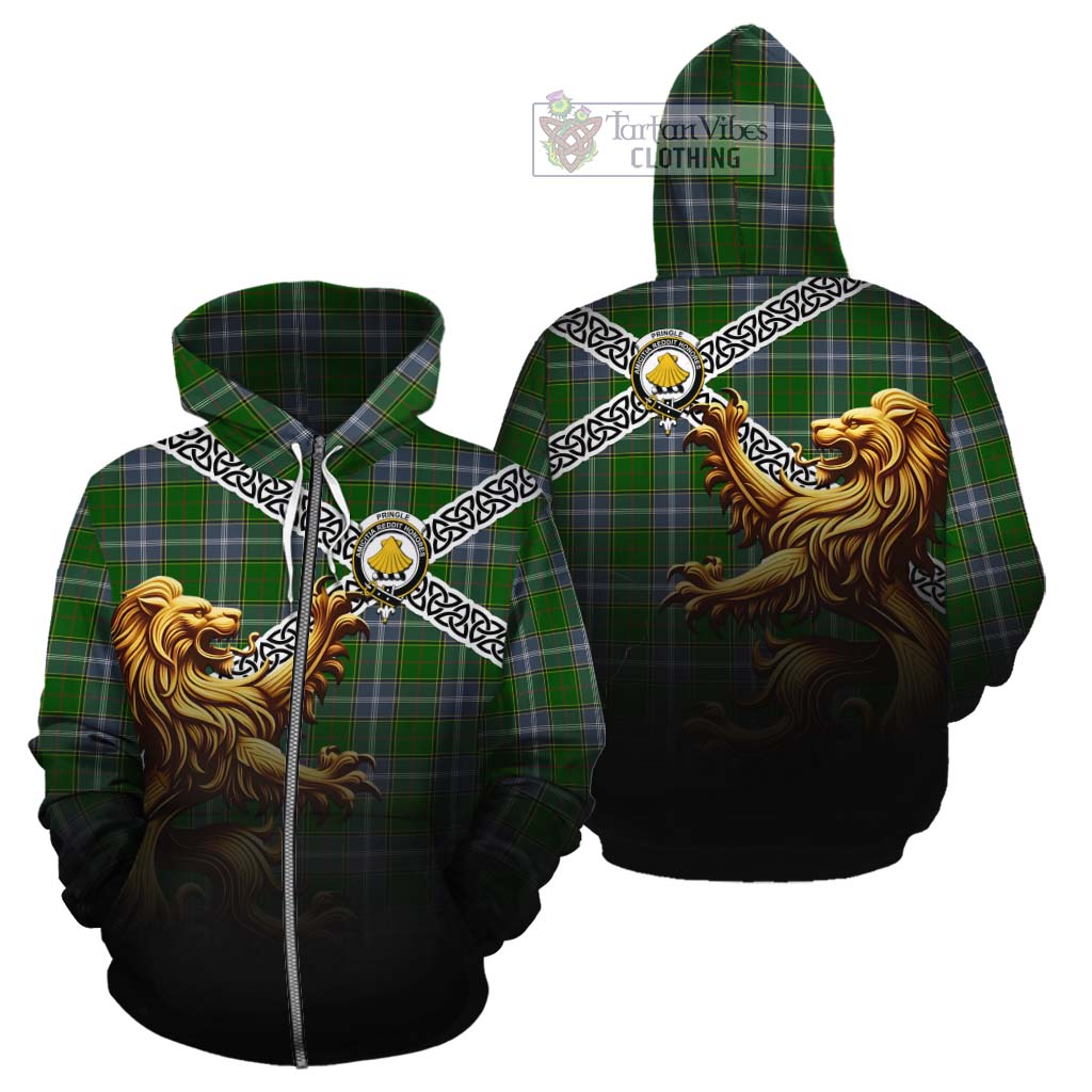 Tartan Vibes Clothing Pringle Crest Tartan Cotton Hoodie with Golden Lion Emblem Celtic Style