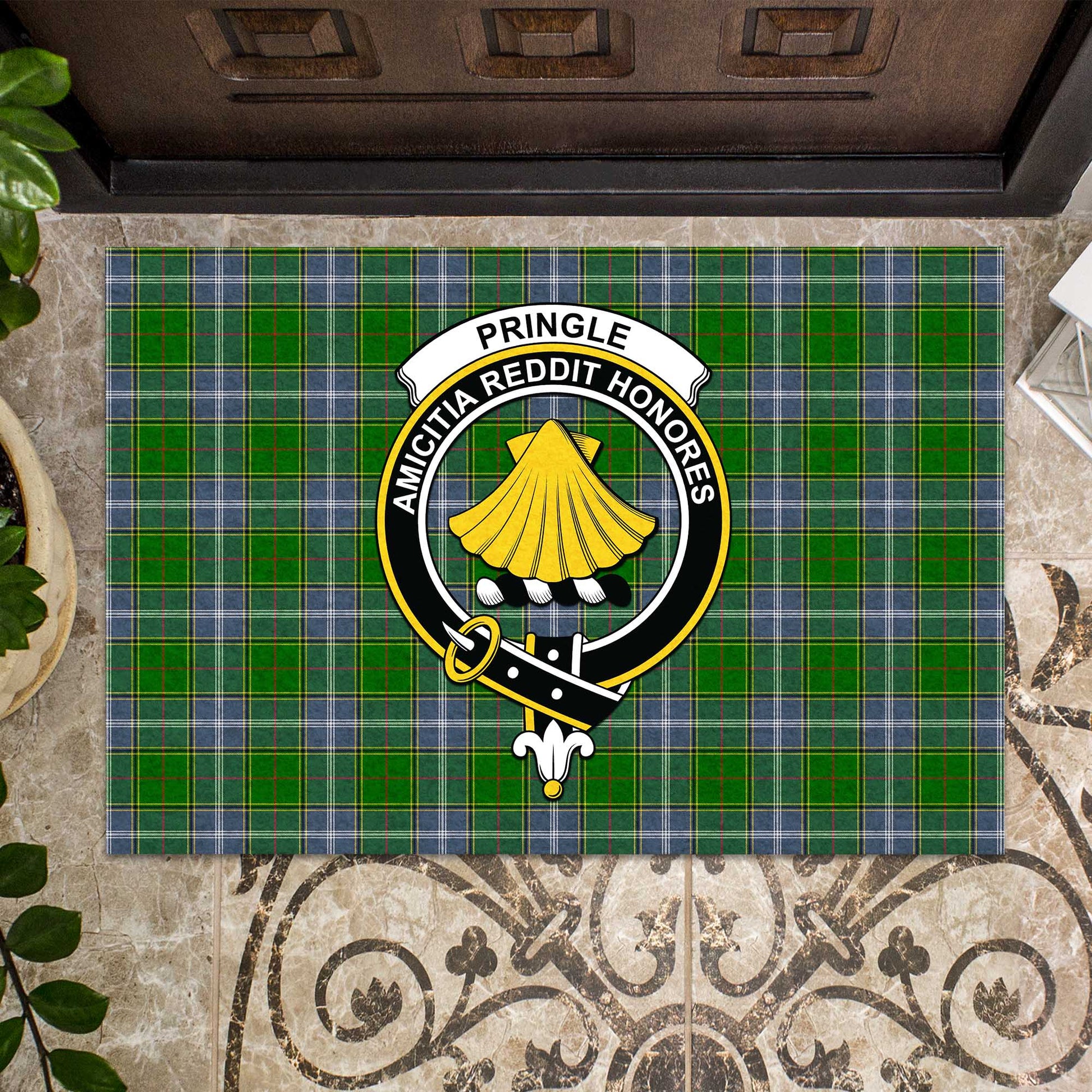 Pringle Tartan Door Mat with Family Crest - Tartanvibesclothing