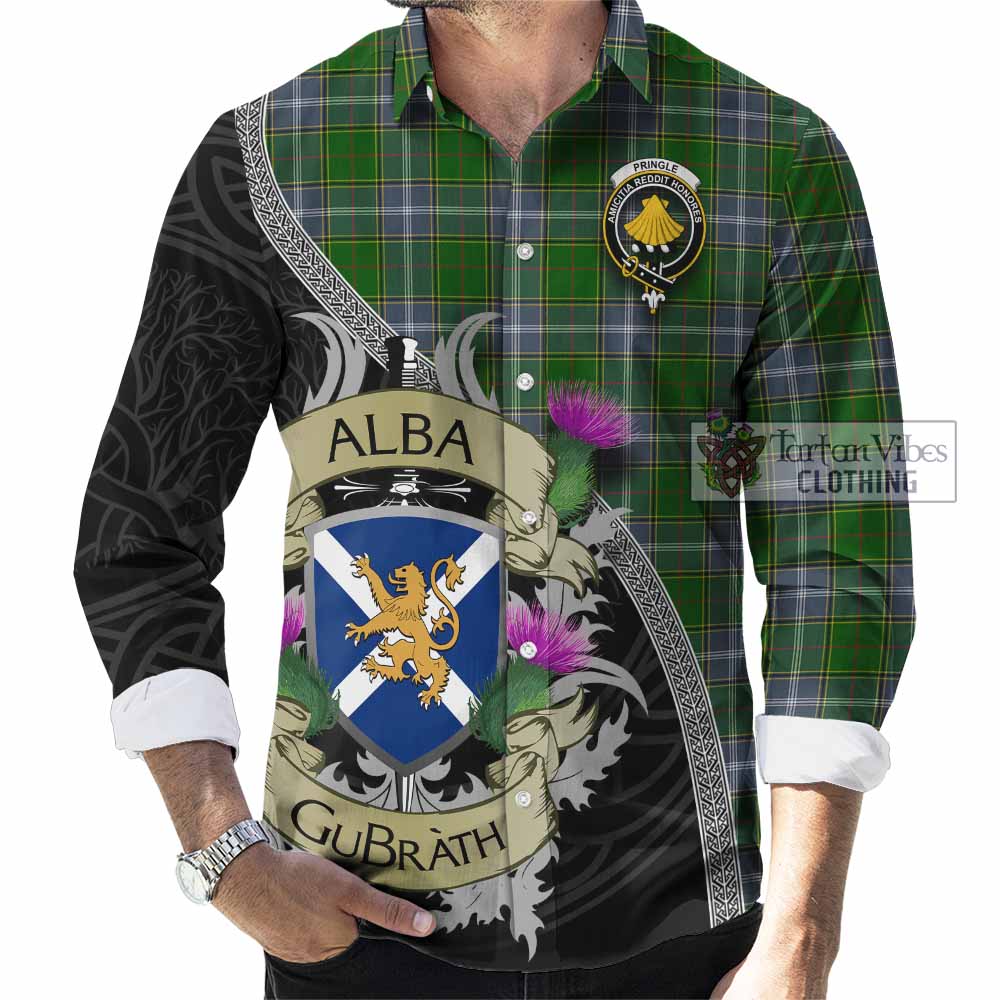 Tartan Vibes Clothing Pringle Tartan Family Crest Long Sleeve Button Shirt Lion Rampant Royal Thistle Shield Celtic Inspired