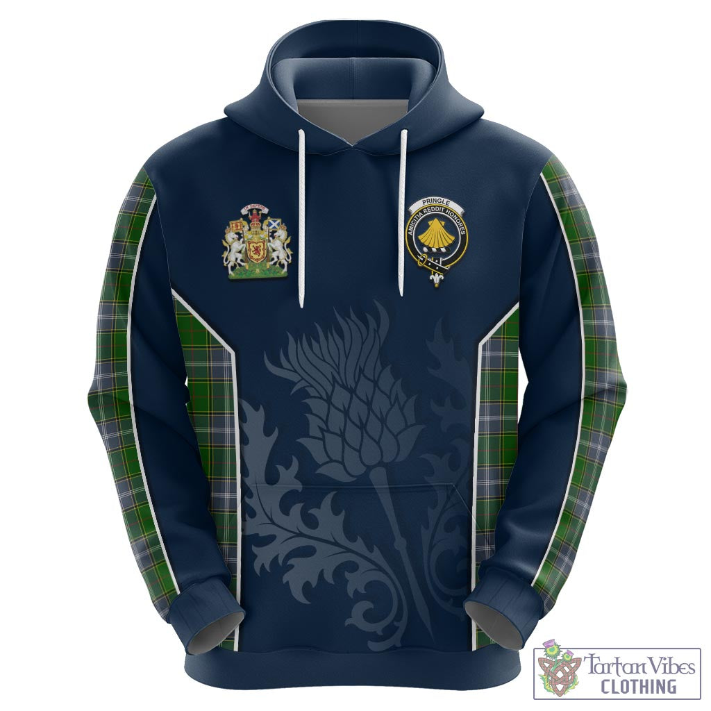 Tartan Vibes Clothing Pringle Tartan Hoodie with Family Crest and Scottish Thistle Vibes Sport Style