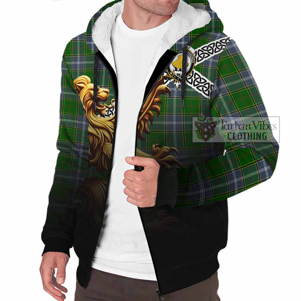 Tartan Vibes Clothing Pringle Crest Tartan Sherpa Hoodie with Golden Lion Emblem Celtic Style