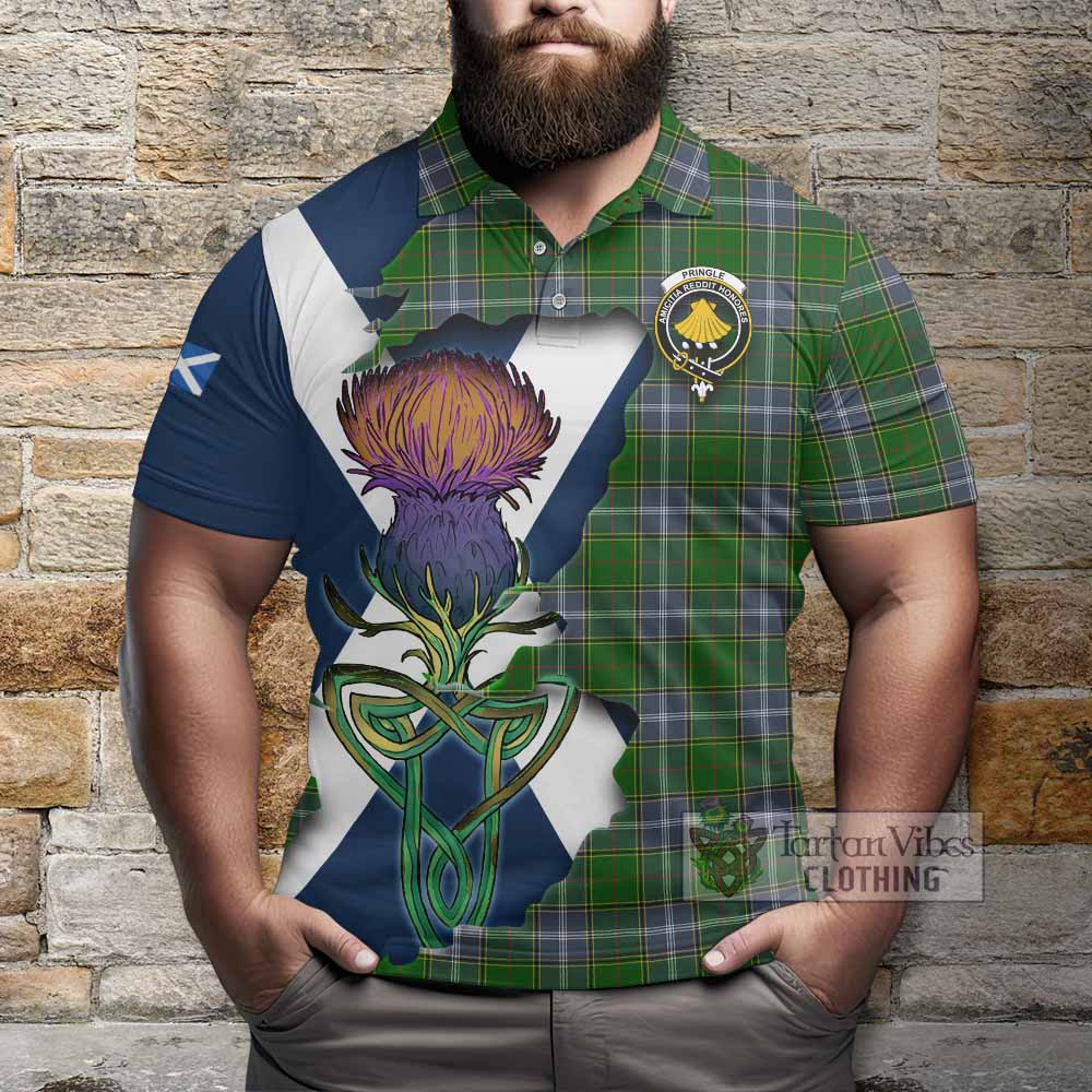 Tartan Vibes Clothing Pringle Tartan Family Crest Polo Shirt Scottish Thistle Celtic Inspired