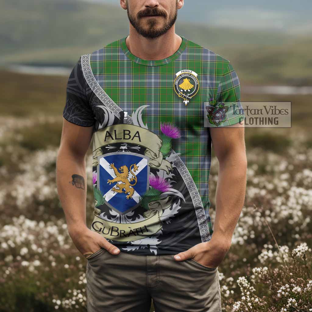 Tartan Vibes Clothing Pringle Tartan Family Crest T-Shirt Lion Rampant Royal Thistle Shield Celtic Inspired