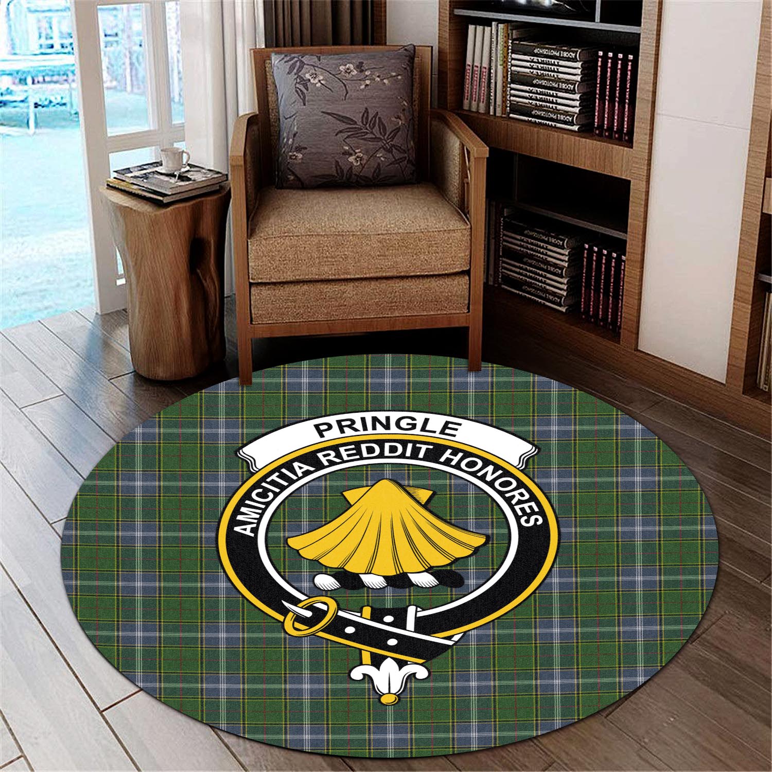pringle-tartan-round-rug-with-family-crest