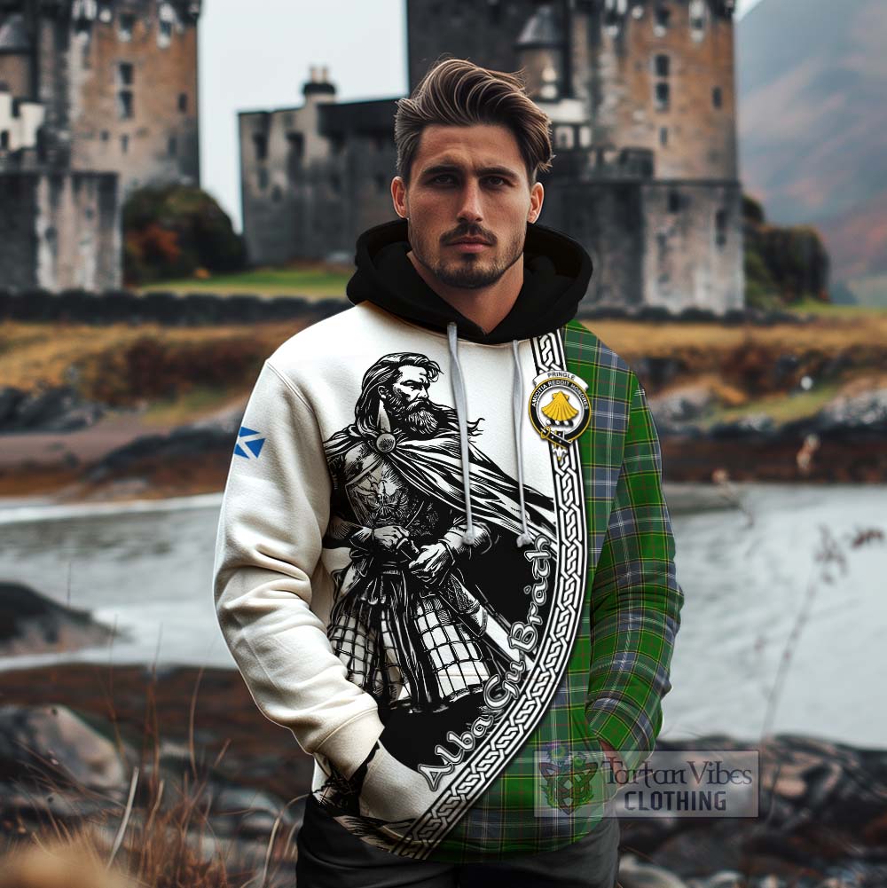 Tartan Vibes Clothing Pringle Tartan Clan Crest Cotton Hoodie with Highlander Warrior Celtic Style