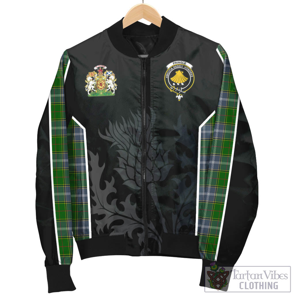 Tartan Vibes Clothing Pringle Tartan Bomber Jacket with Family Crest and Scottish Thistle Vibes Sport Style