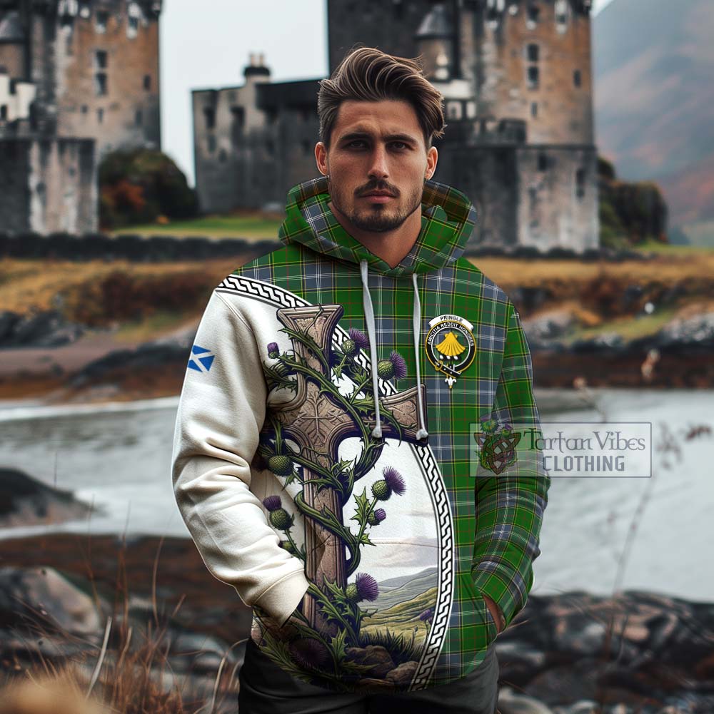 Tartan Vibes Clothing Pringle Tartan Cotton Hoodie with Family Crest and St. Andrew's Cross Accented by Thistle Vines