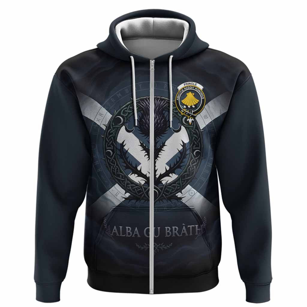 Pringle Clan Crest Hoodie with Celtic Knot Thistle and Saltire