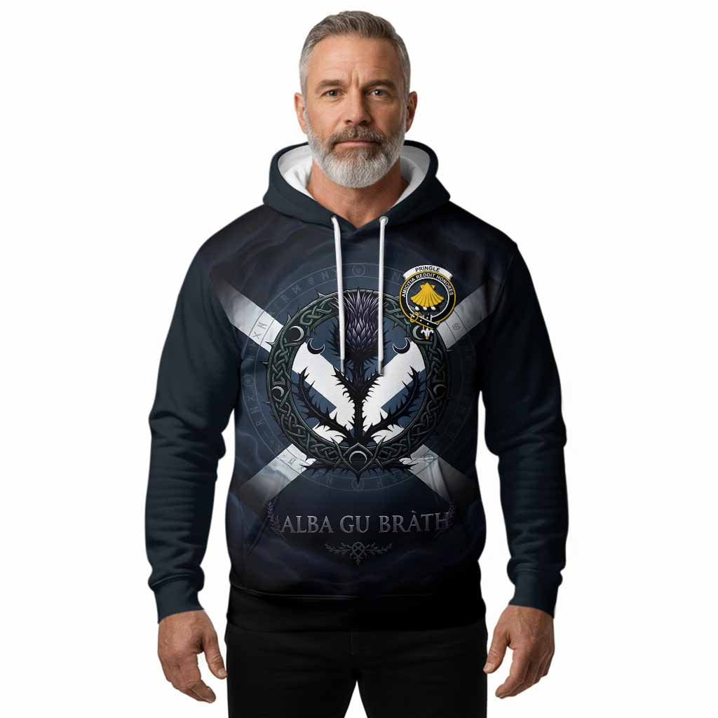 Pringle Clan Crest Hoodie with Celtic Knot Thistle and Saltire