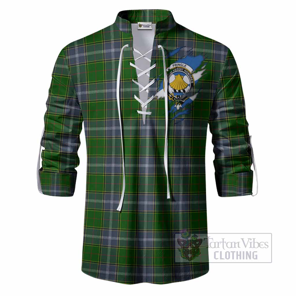 Pringle Clan Crest In Me Tartan Ghillie Shirt Scotland Flag Style