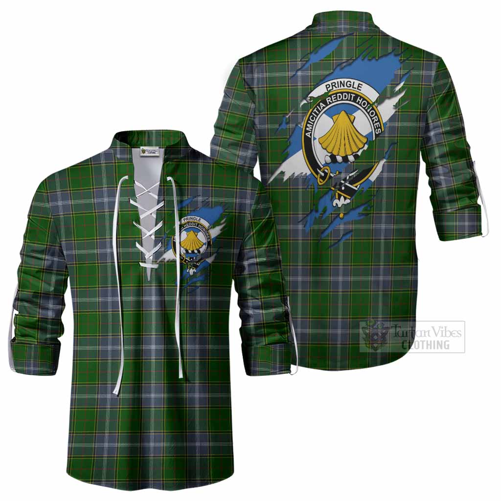 Pringle Clan Crest In Me Tartan Ghillie Shirt Scotland Flag Style