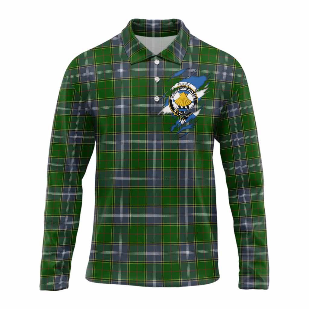 Pringle Clan Crest In Me Tartan Long Sleeve Polo Shirt Scotland Flag Style